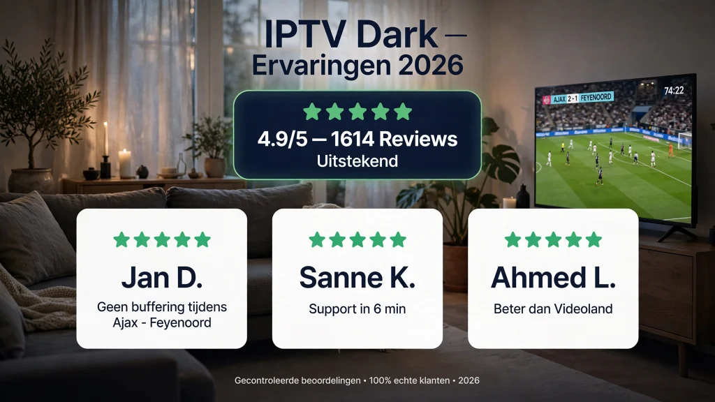 IPTV Dark ervaringen 2026 - 4.9/5 1614 reviews uitstekend - Jan D. geen buffering Ajax Feyenoord Sanne K. support 6 min Ahmed L. beter dan Videoland